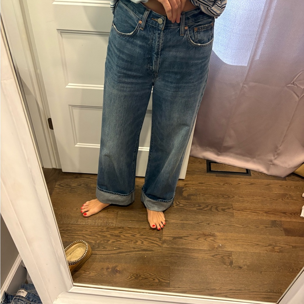 Denim Forum Wide Leg Flare Jeans in Medium Blue Wash